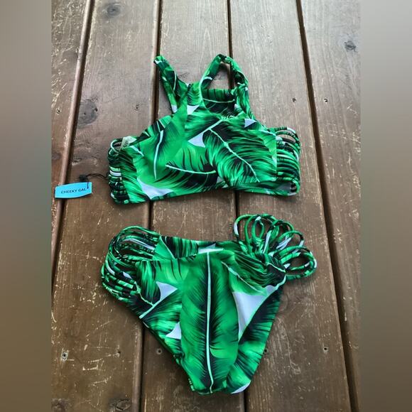 NWT CUPSHE Green Palm Leaf Tropical Two Piece Bikini Swim Bathing Suit S - Picture 3 of 4